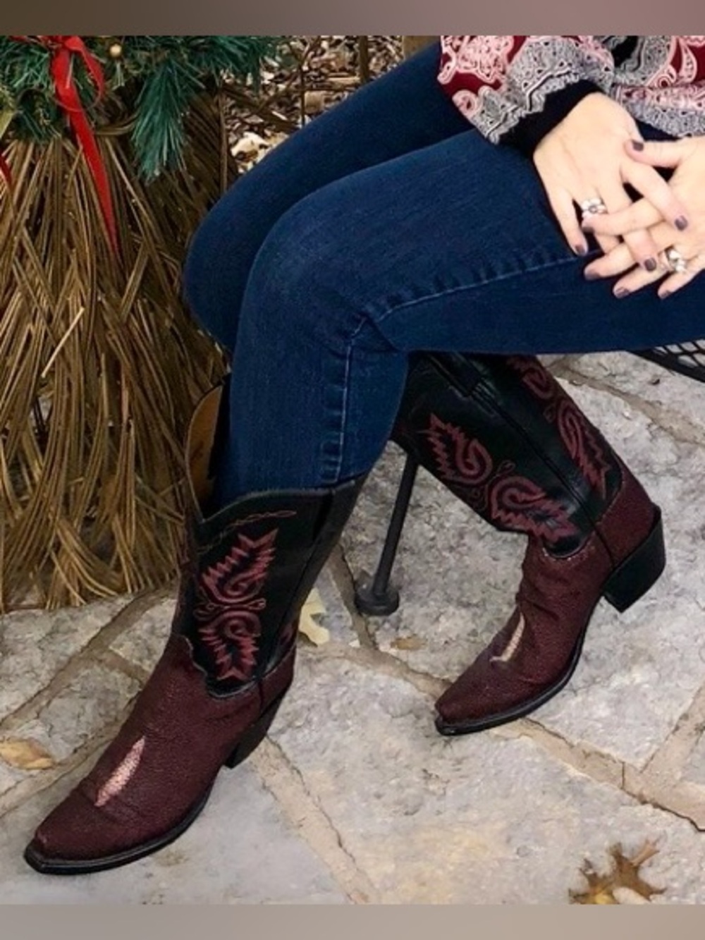 Lucchese Burgundy and Black Handmade Stingray Western Boots - Picture 7 of 7